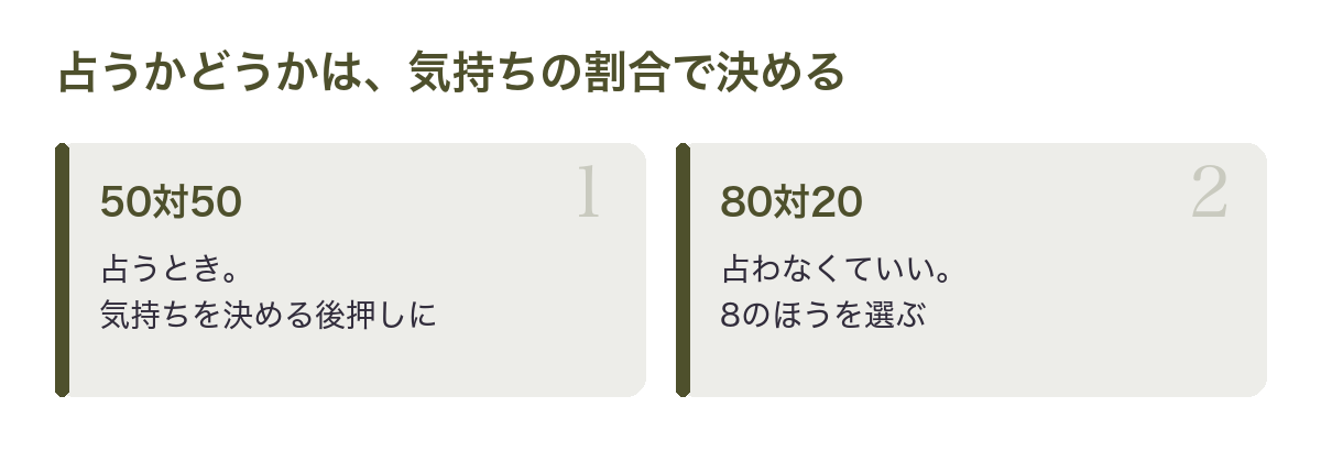 占うかどうかは気持ちの割合で決める。50対50なら占う、80対20なら8のほうを選ぶ