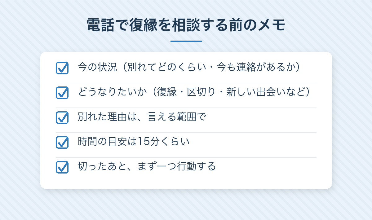 電話占いで復縁を相談する前のメモ:今の状況、どうなりたいか、別れた理由は言える範囲で、時間の目安は15分くらい、切ったあとまず一つ行動する