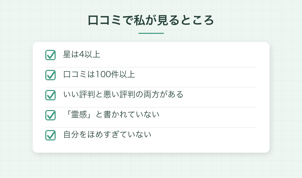 電話占いの口コミで私が見るところ:星は4以上、口コミは100件以上、いい評判と悪い評判の両方がある、霊感と書かれていない、プロフィールで自分をほめすぎていない